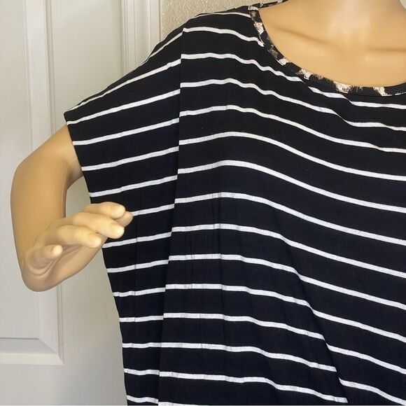 Coco Kelly Striped Blouse With Open Back Black White Leopard Detail Size 3X - Picture 4 of 11